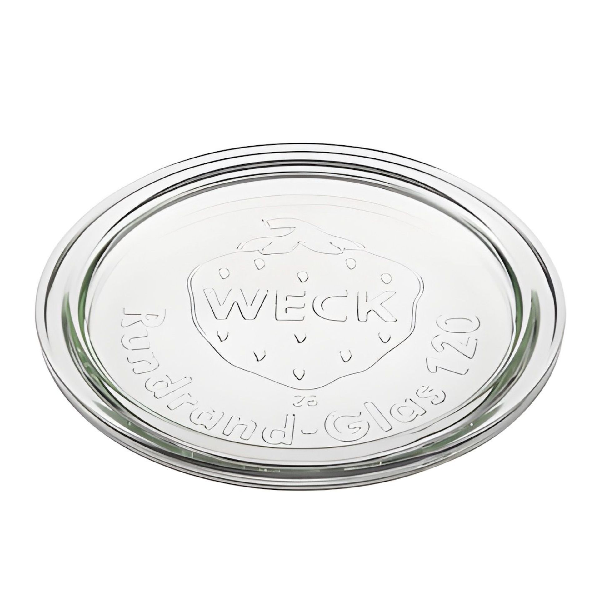 Runder WECK-Glasdeckel mit 12 cm Durchmesser, transparentes Glas mit geprägtem WECK-Logo in der Mitte, geeignet für Einkochgläser mit Rundrand 120.